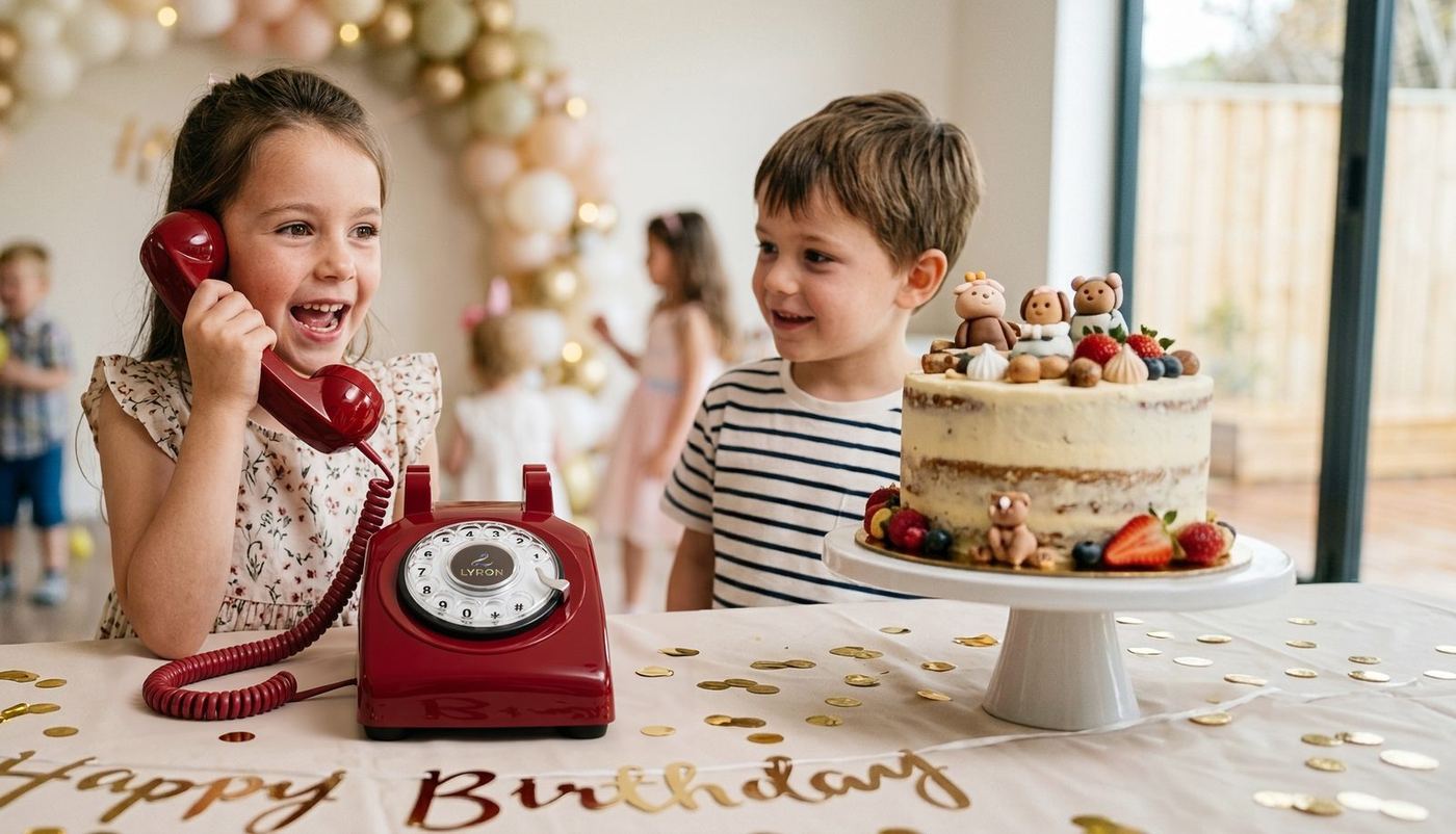 Child on the LYRON phone at a birthday party