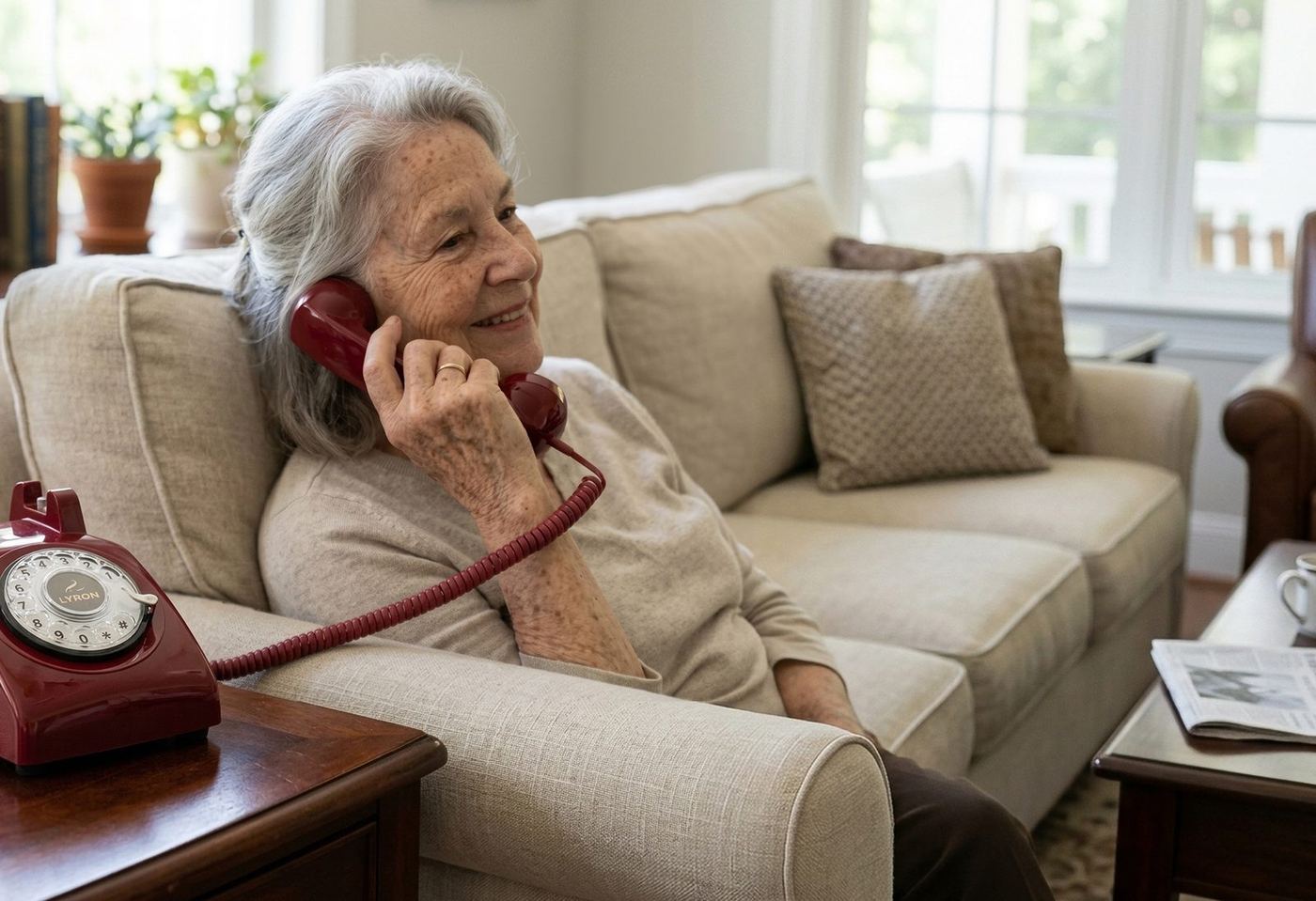 Grandmother talking on the LYRON phone on her sofa