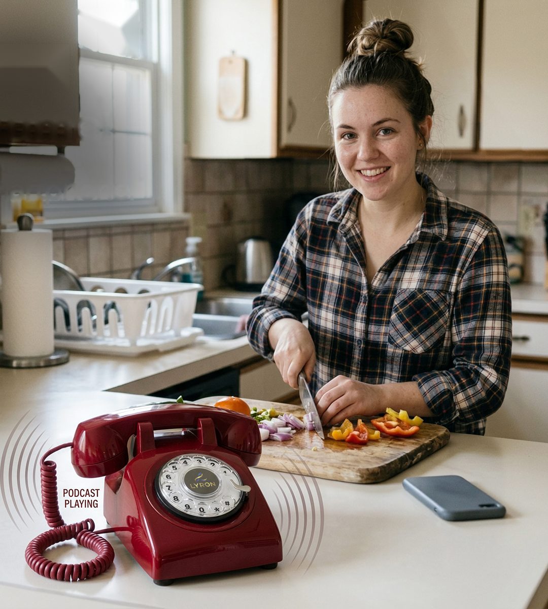 Woman cooking while a podcast plays from the LYRON phone