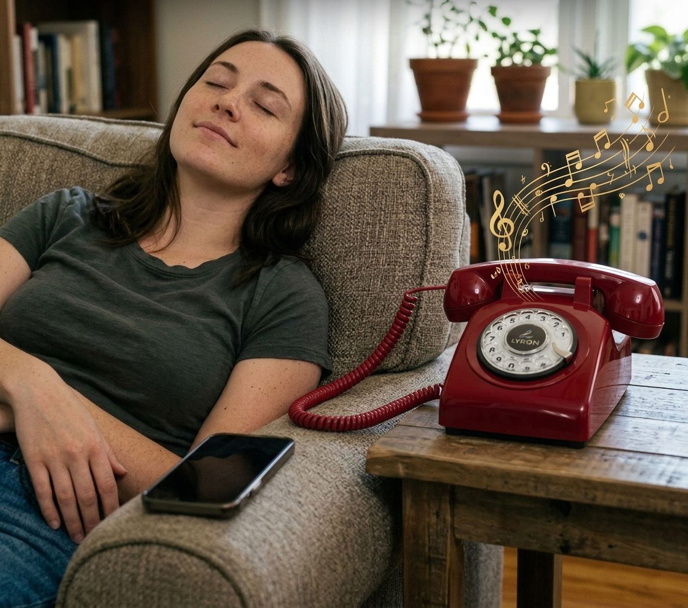 Woman relaxing on a sofa while music plays from the LYRON phone
