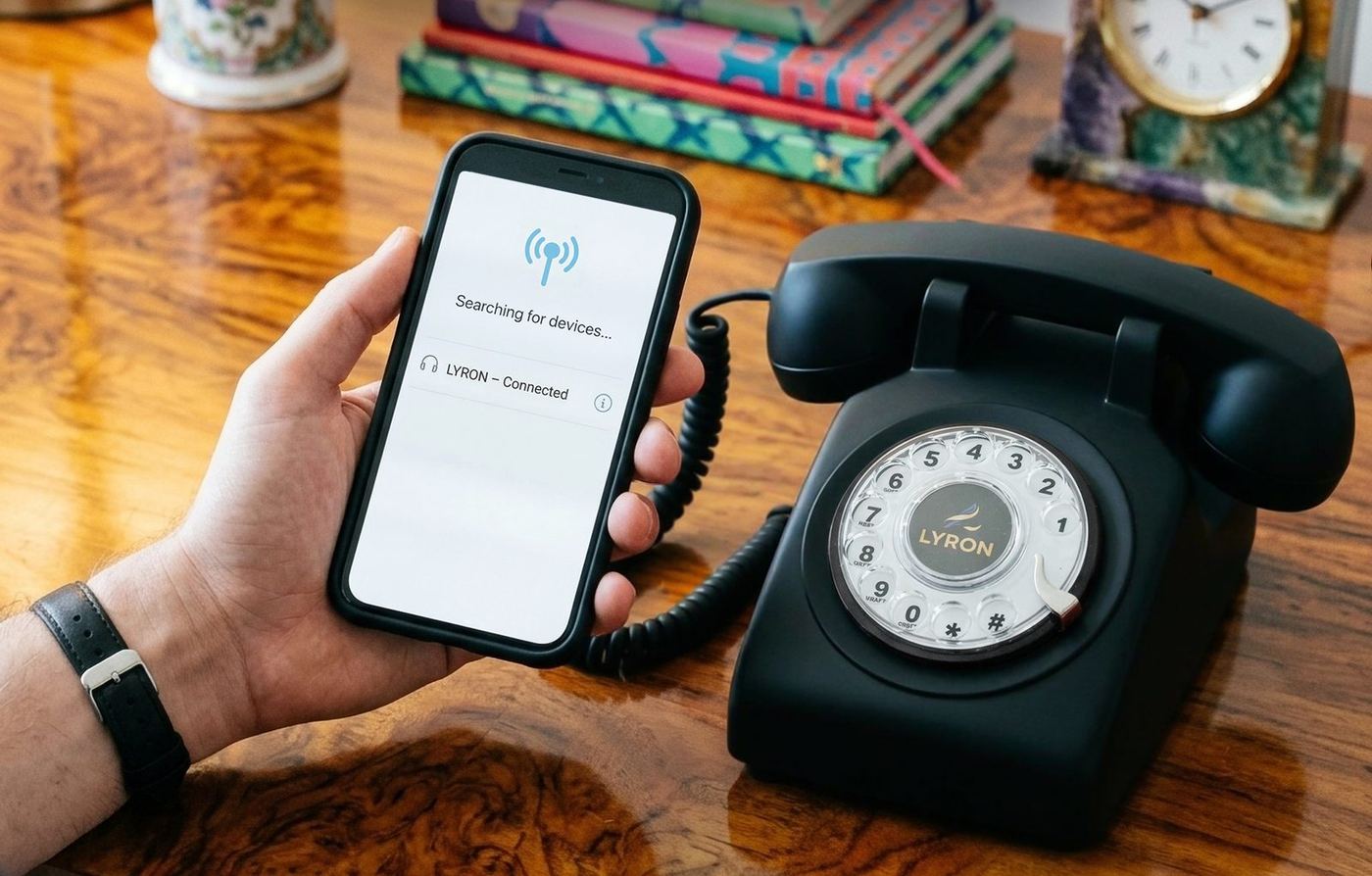Smartphone connected to the LYRON phone on a wooden desk