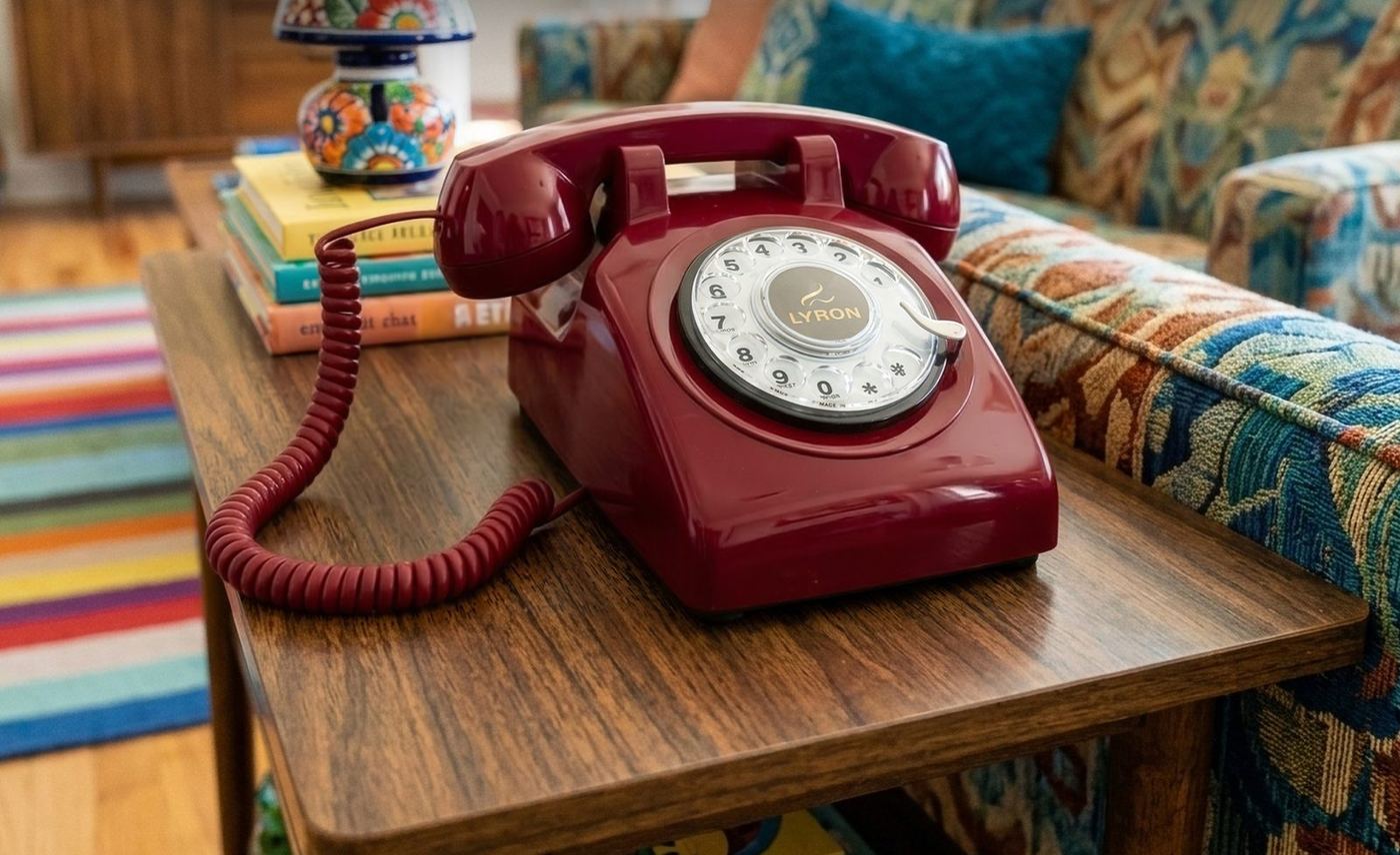 Red Cherry LYRON phone on a side table in a colorful living room