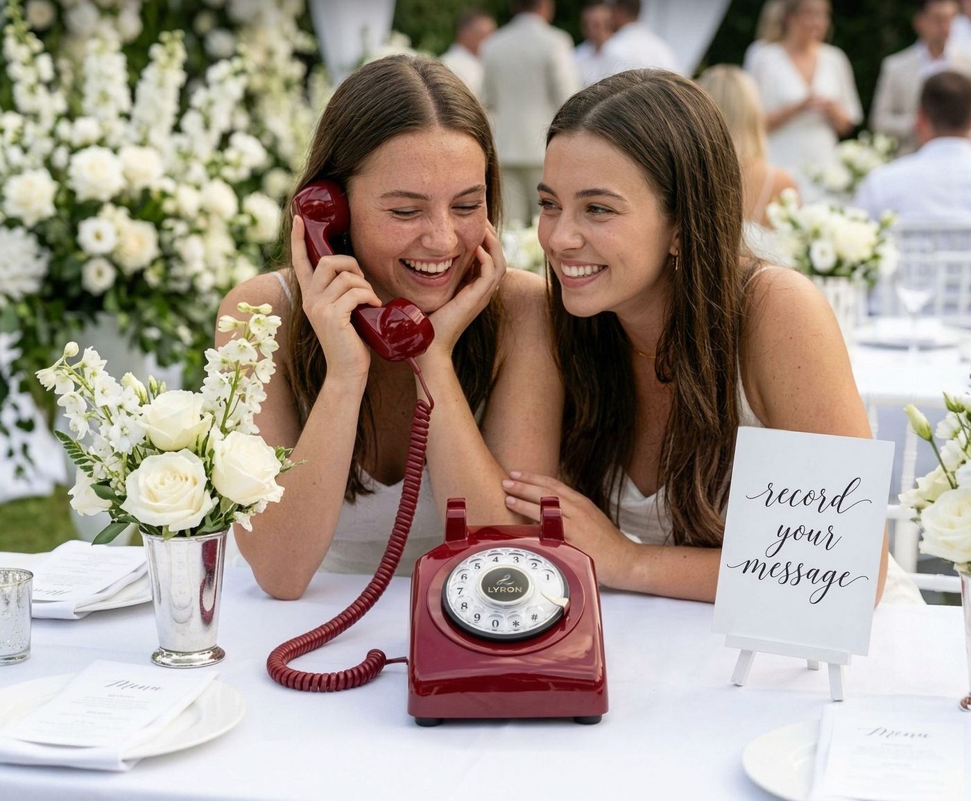 Two guests laughing while leaving a message